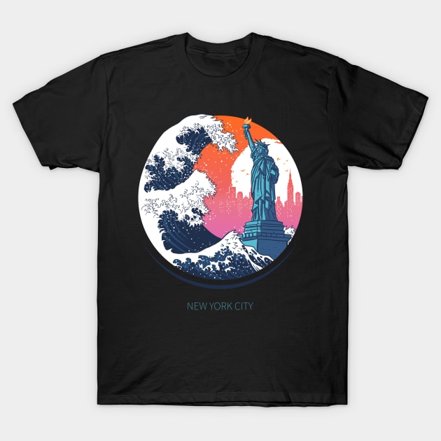 Wave Statue of liberty T-Shirt by albertocubatas